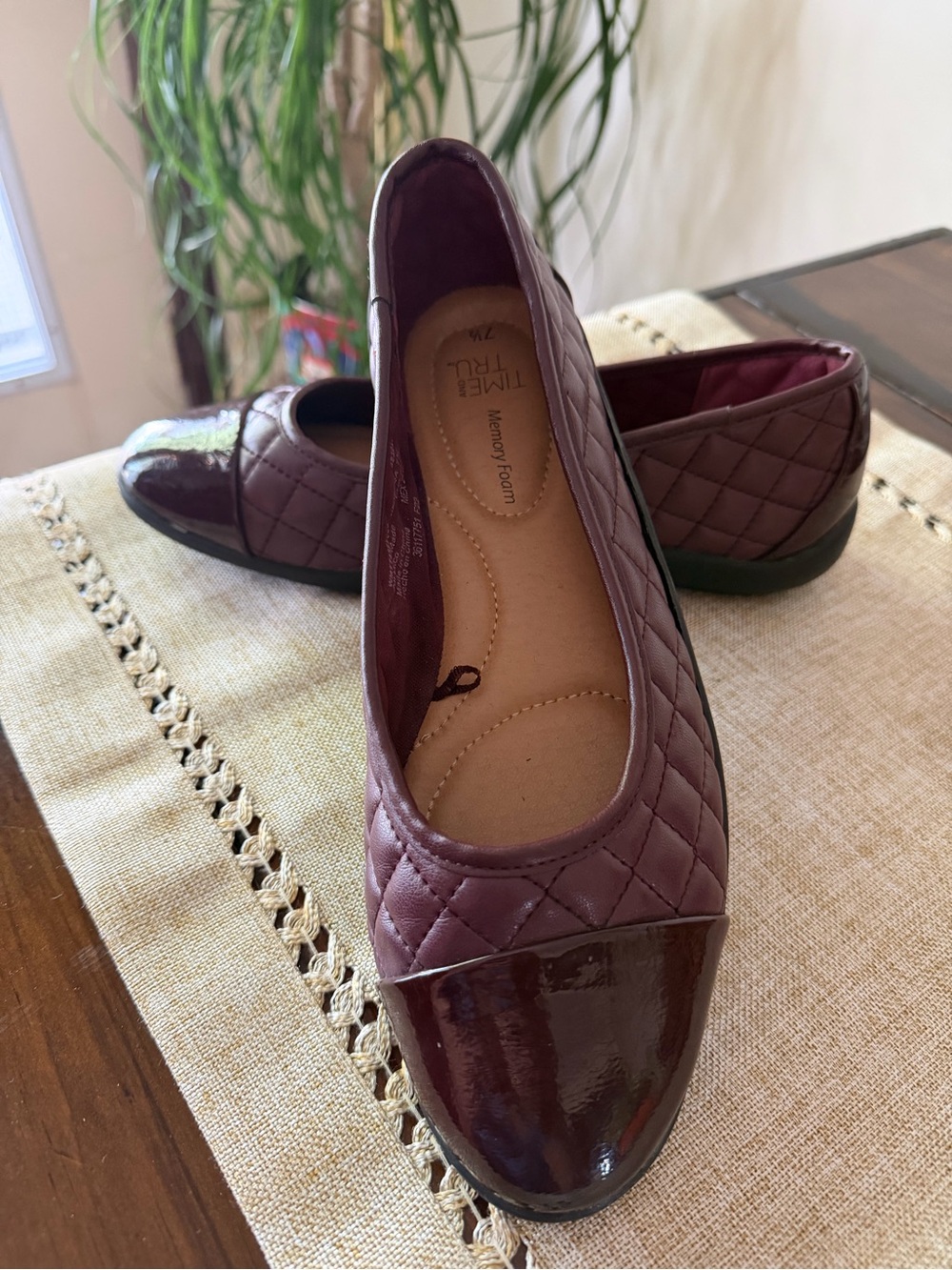 Time and Tru Quilted Patent Cap Toe Flats in Burgundy